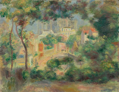 Die Gärten von Montmartre mit Blick auf Sacré-Coeur im Bau