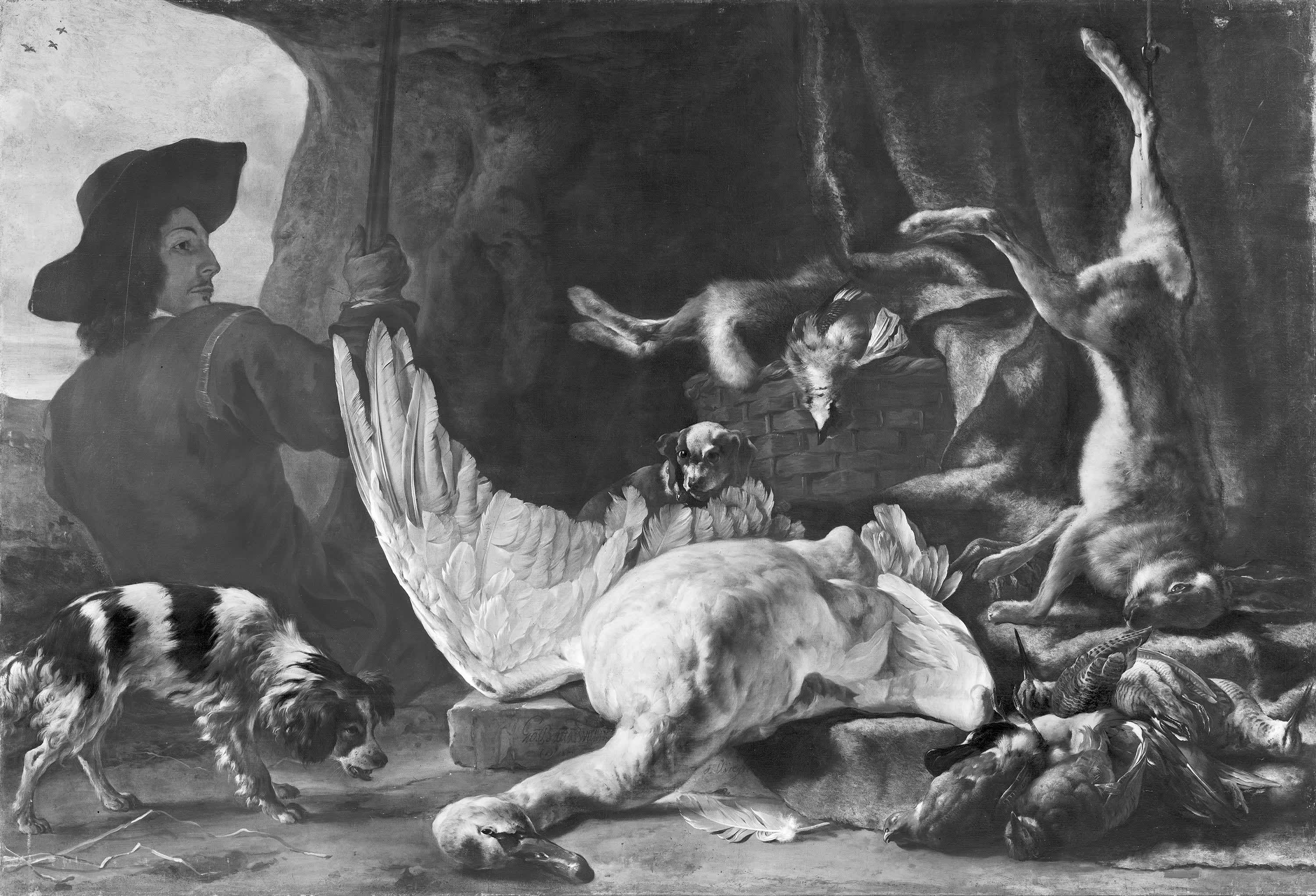 Jagdbeutestillleben mit Jäger und zwei Hunden