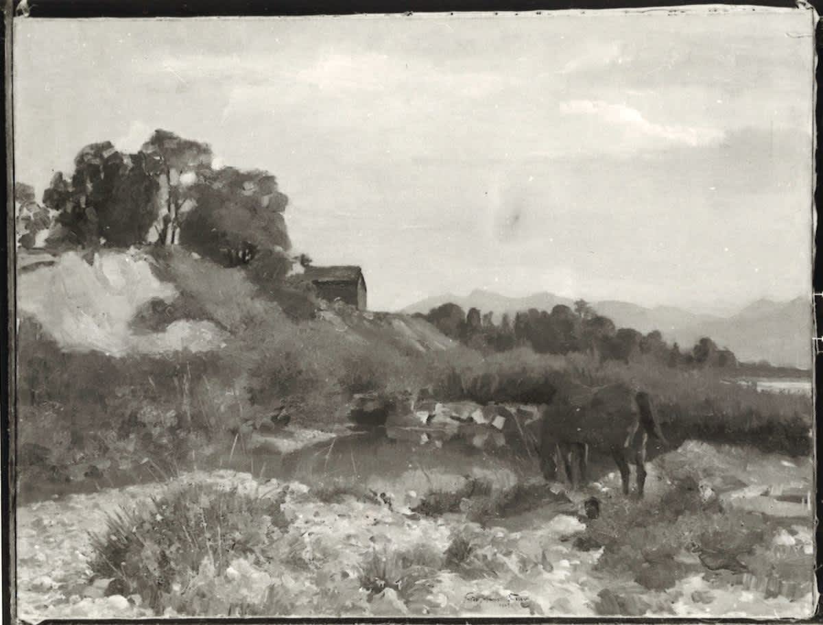 Landschaft mit Pferd an der Tränke