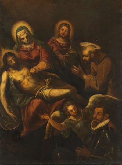 Beweinung Christi mit den hll. Johannes, Franziskus und einem Stifter