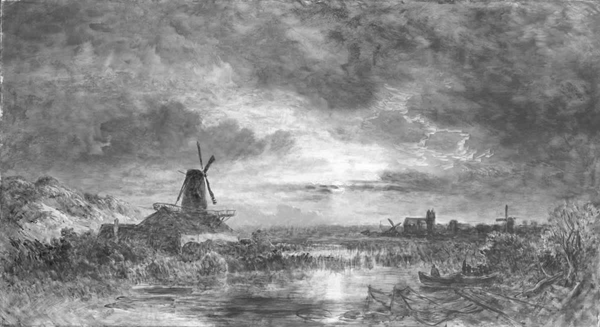 Windmühlen im Mondschein