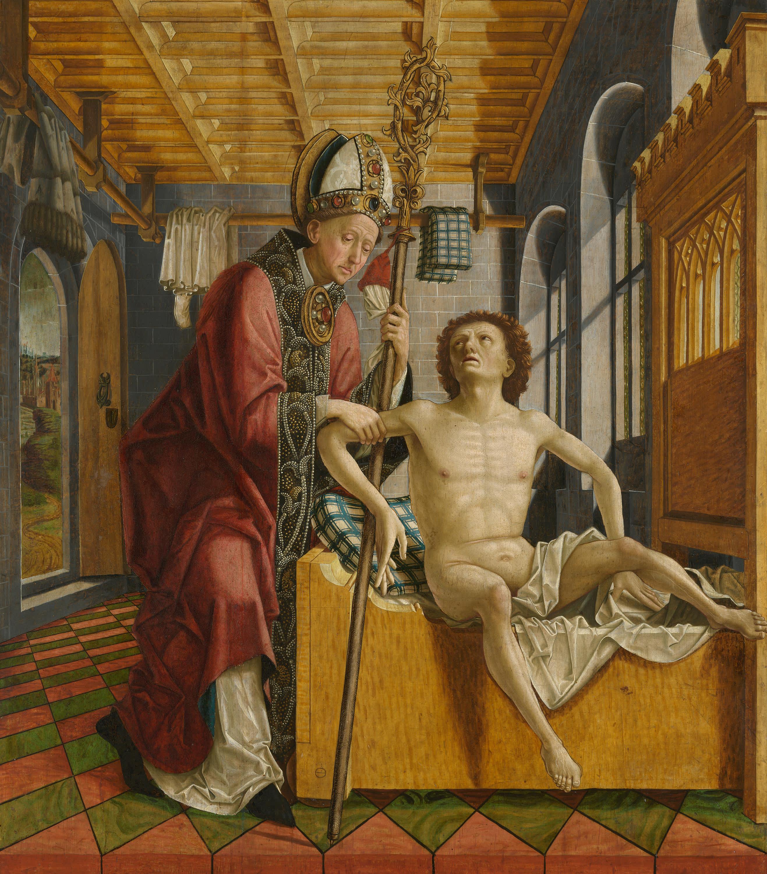 Kirchenväteraltar, Außenseite des linken Flügels (unten): Der hl. Augustinus heilt den Stiftsprobst