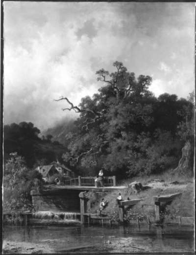 Flusslandschaft mit Mühle und Wehr