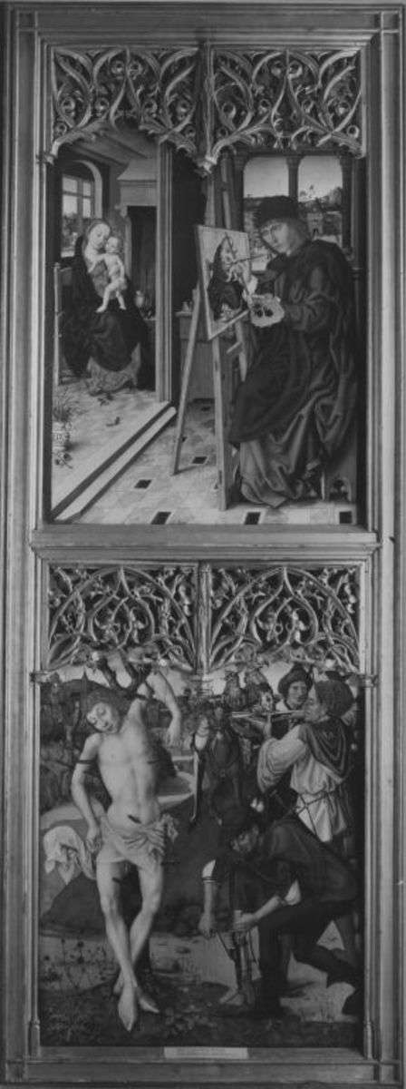 Veitsaltar: Der hl. Lucas malt die Madonna mit Kind, Marter des hl. Sebastian
Rückseite: Hll. Katharina und Barbara