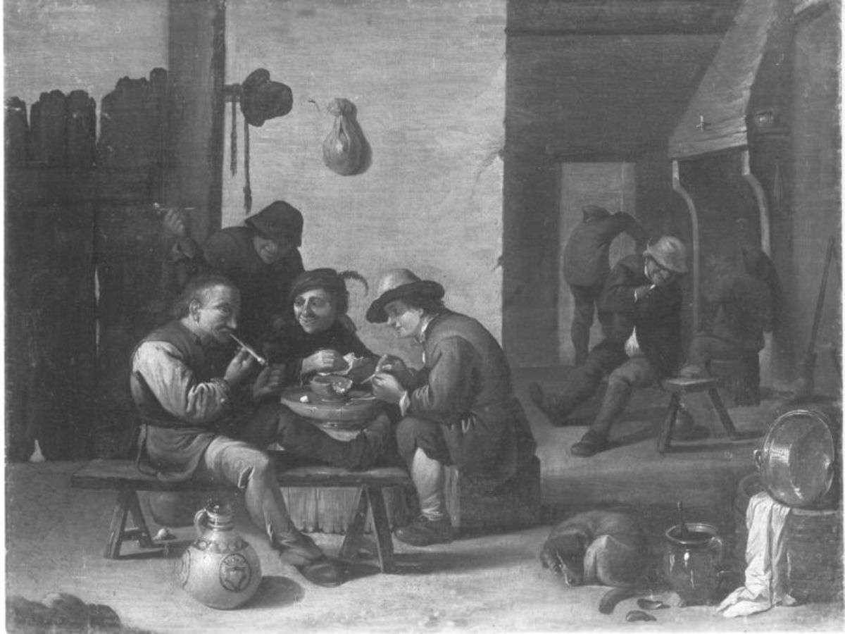 Drei Raucher vor einem Fass