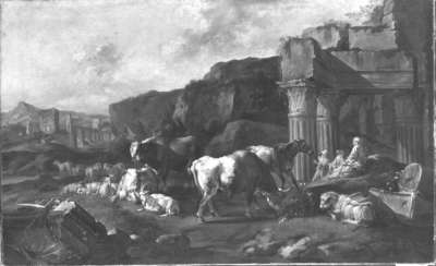Italienische Landschaft mit Ruine des Vespasiantempels