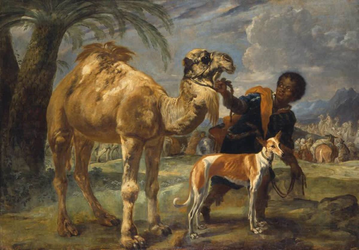 Diener mit Windhund und Dromedar