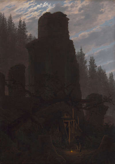 Ruinen in der Abenddämmerung (Kirchenruine im Wald)