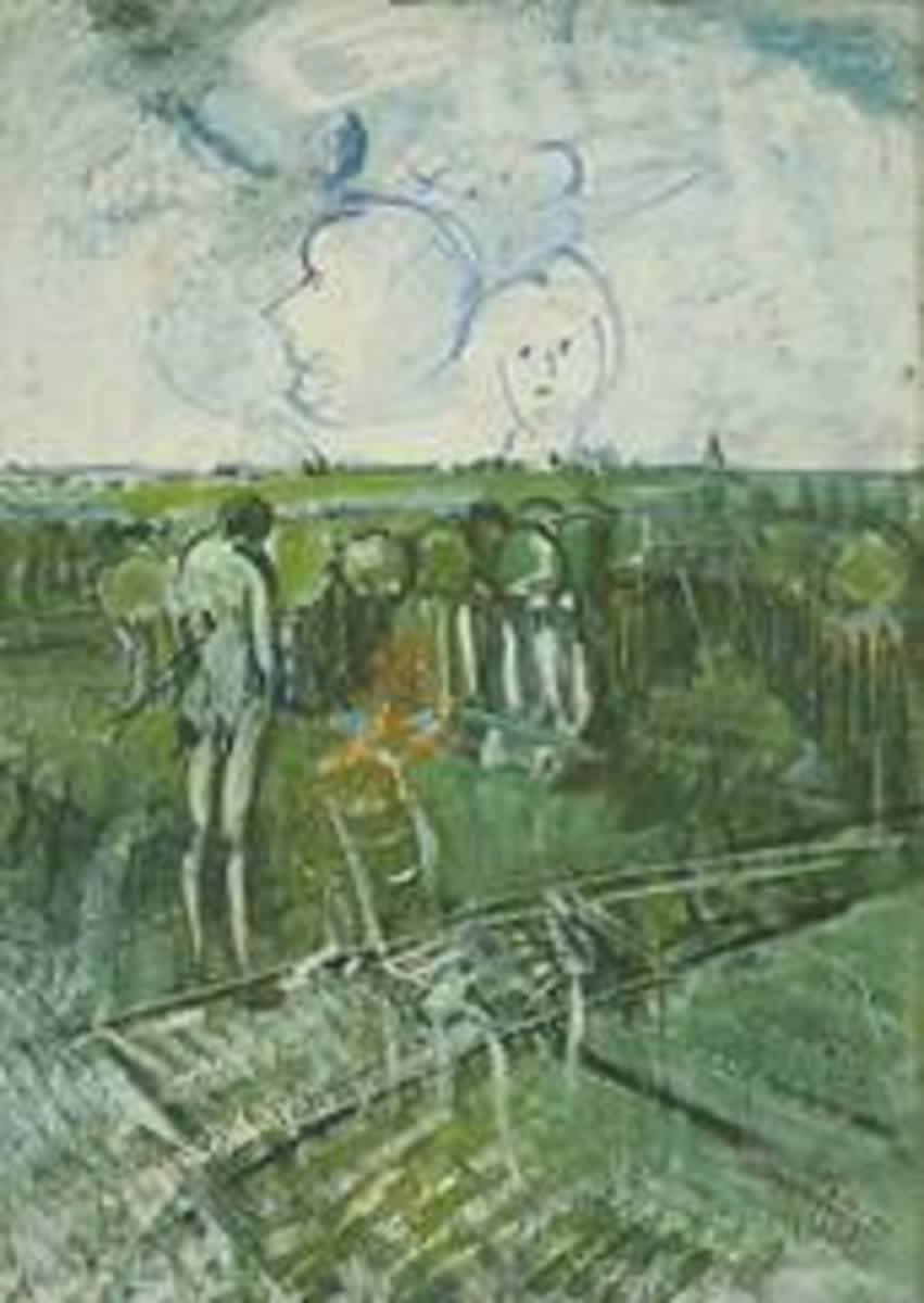 Mit Schienenstrang und großer Figur