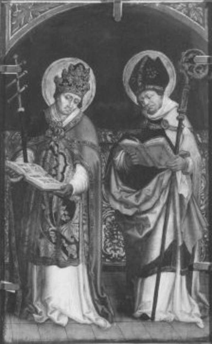 Rechter Flügel eines Altares: Kirchenväter Gregor und Ambrosius
Rückseite: Landschaft (Patmos)