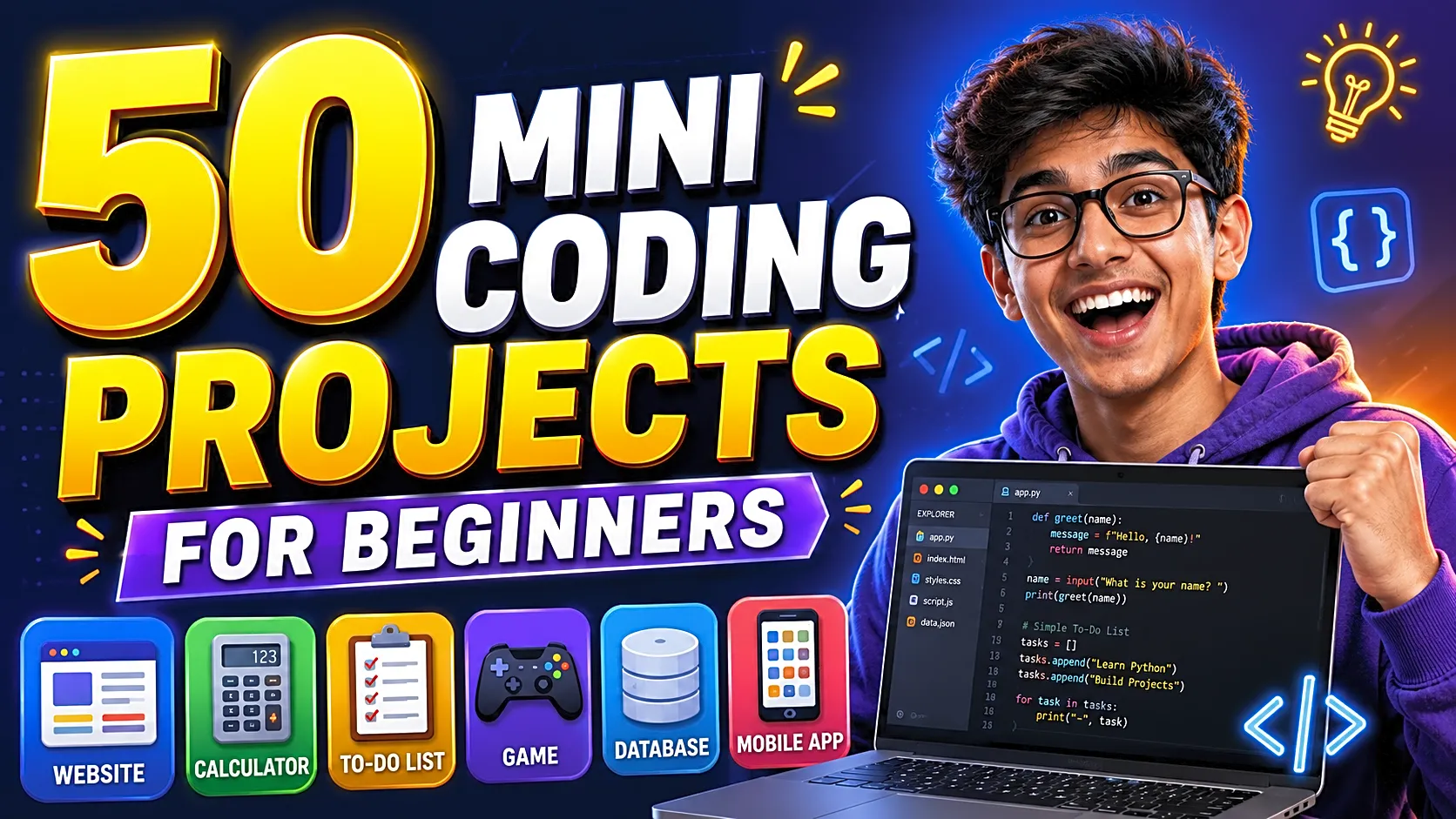 50 Mini Coding Projects for Beginners With Tech Stack & Source Code Ideas thumbnail