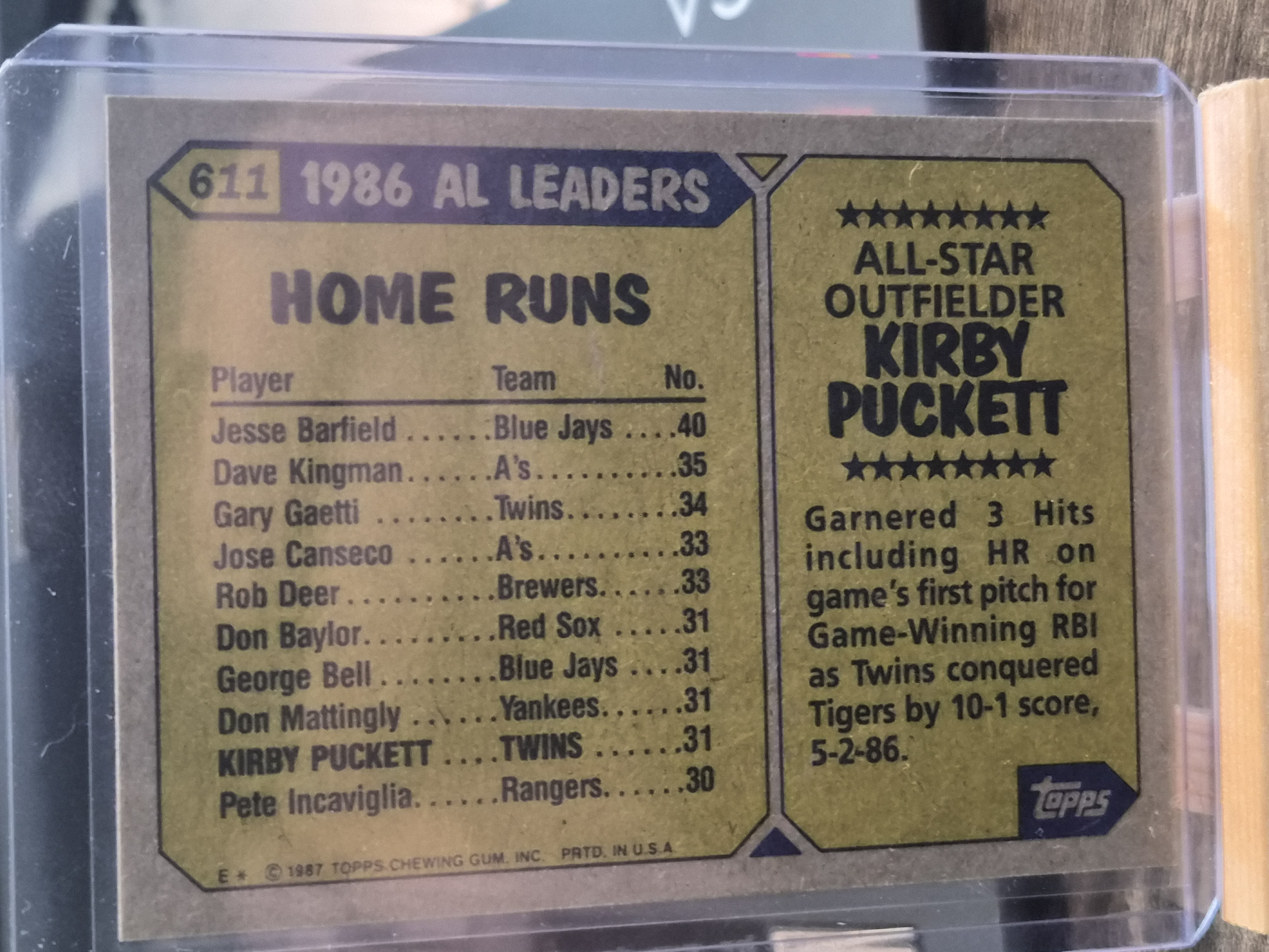 1987 Topps Kirby Puckett All-Star #611