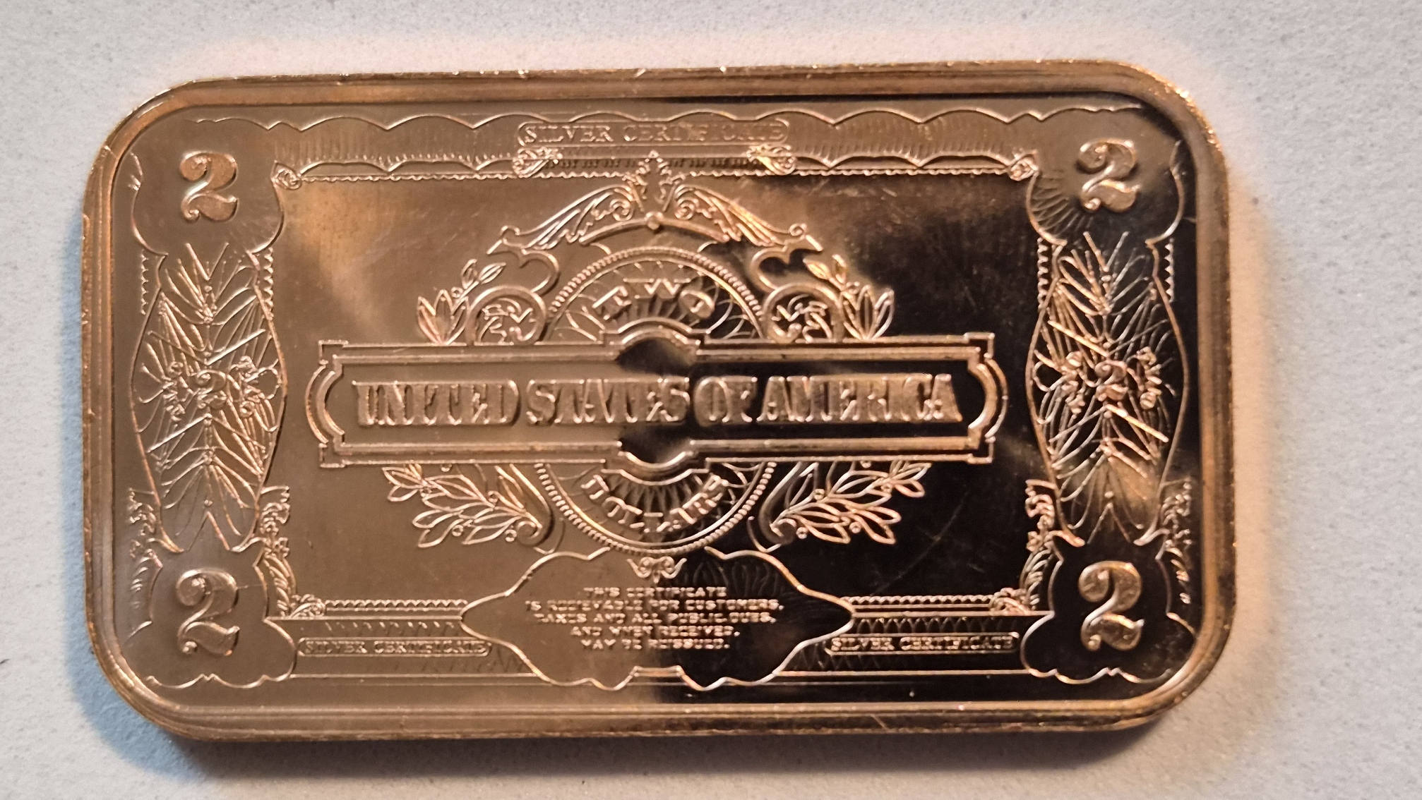 1 oz George Washington $2 Silver Certificate Replica Copper Bar