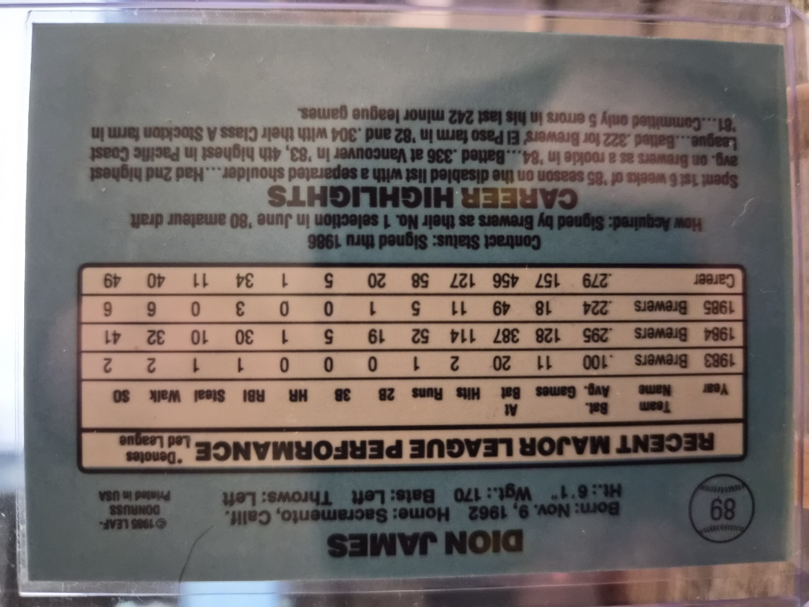 1986 Donruss Dion James, card #89