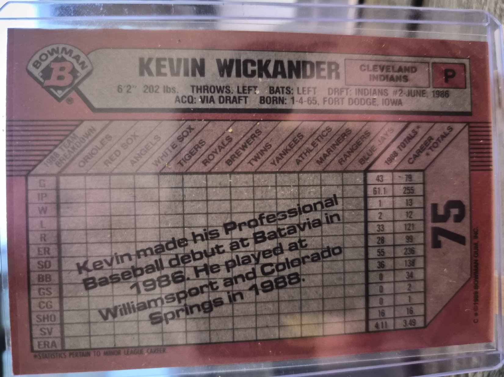 1989 Bowman Kevin Wickander, card #75