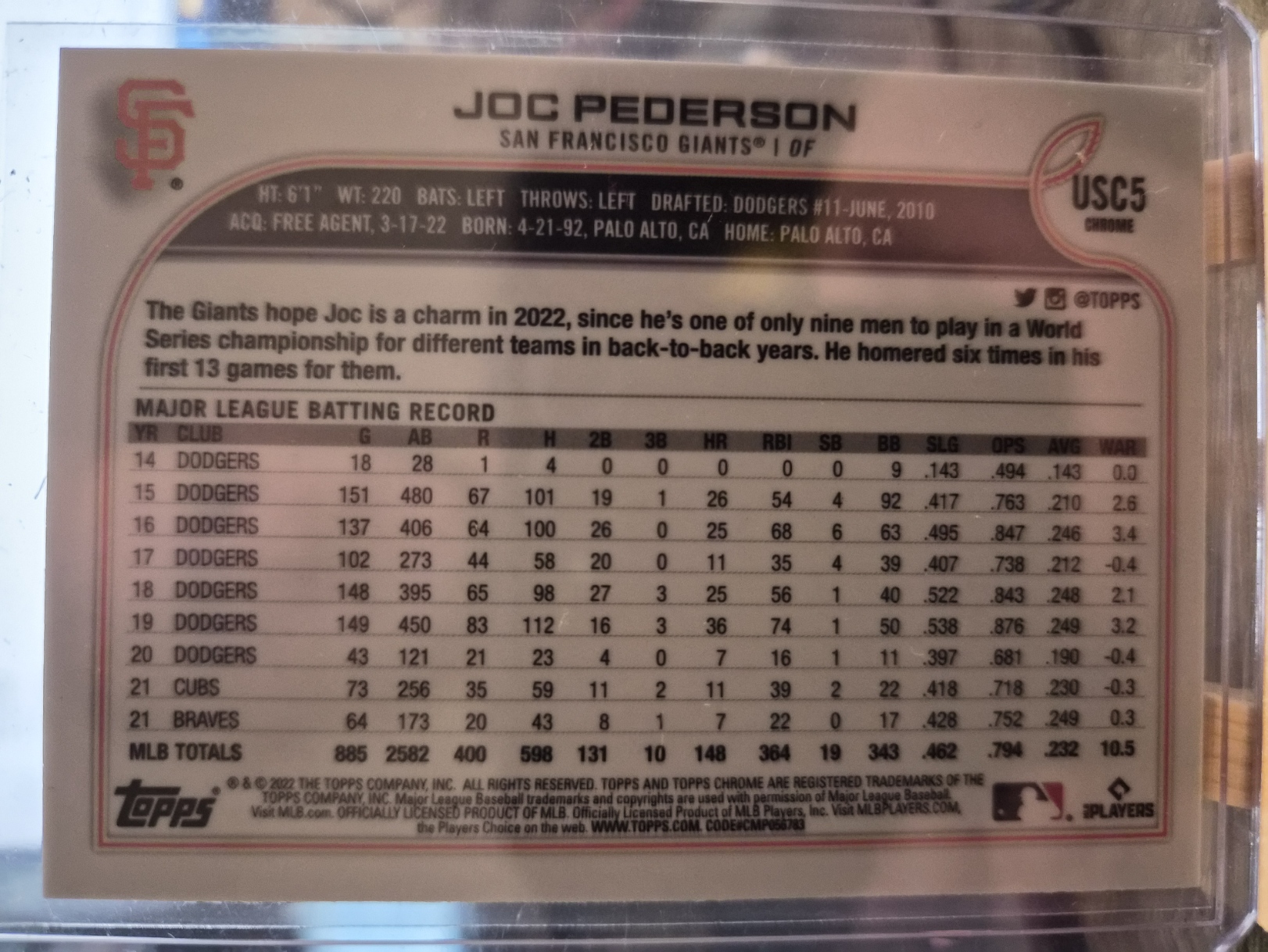 2022 Topps Chrome Update Purple Refractor Joc Pederson, card #USC5