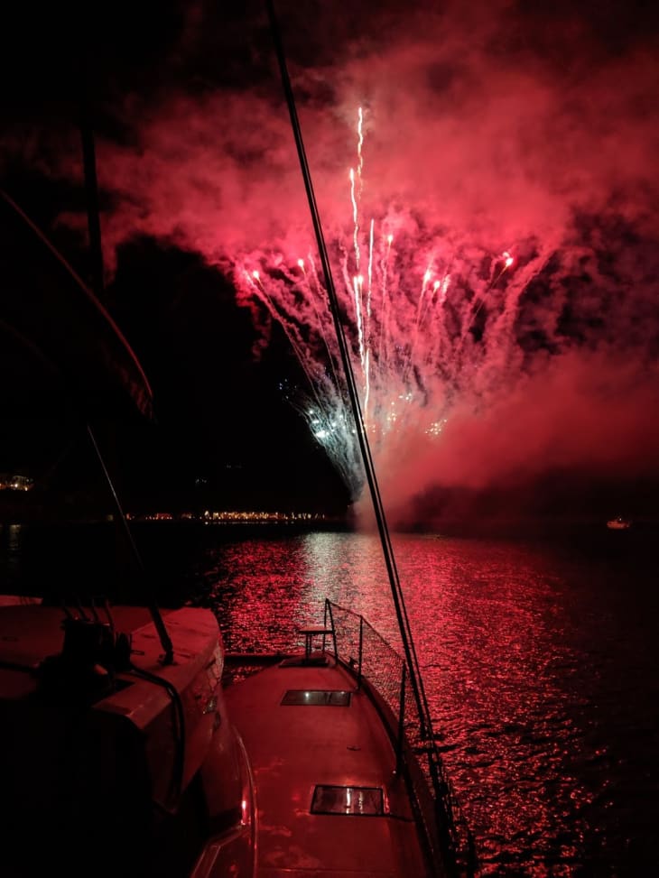 Random fireworks right in front of our boat. Twiggy did not like it.