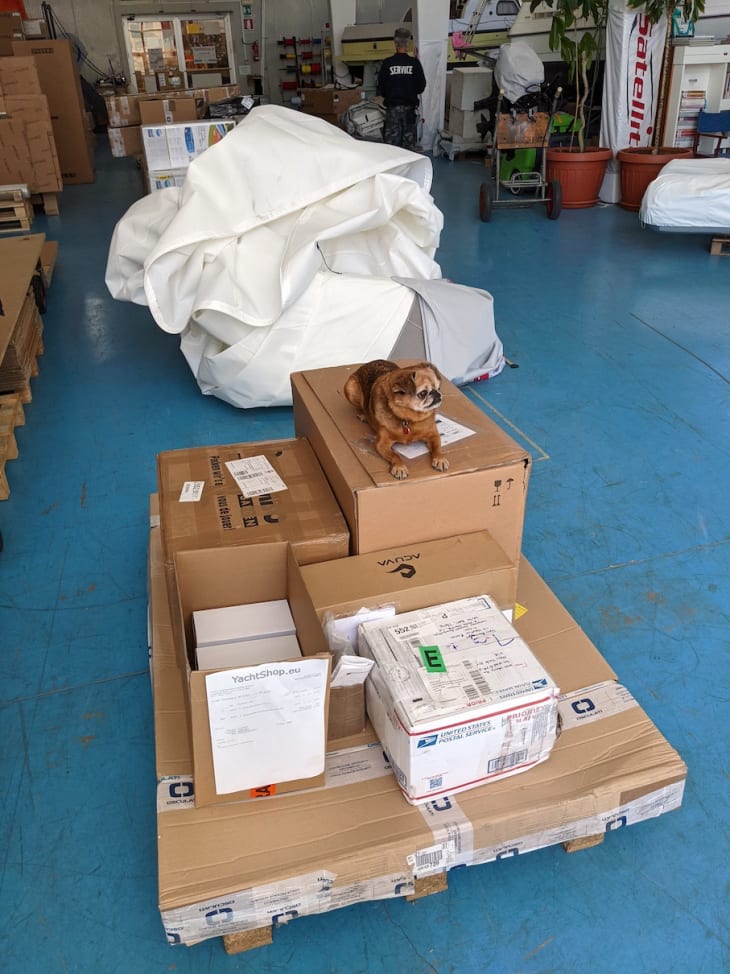 Guarding our shipments. Yachtshop.eu is run by our contact at the shipyard, the very capable Tommaso Ranieri.