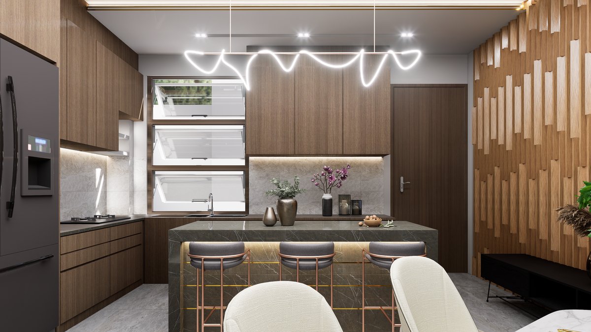 Sleek modern kitchen with wooden elements, marble island, and unique lighting.
