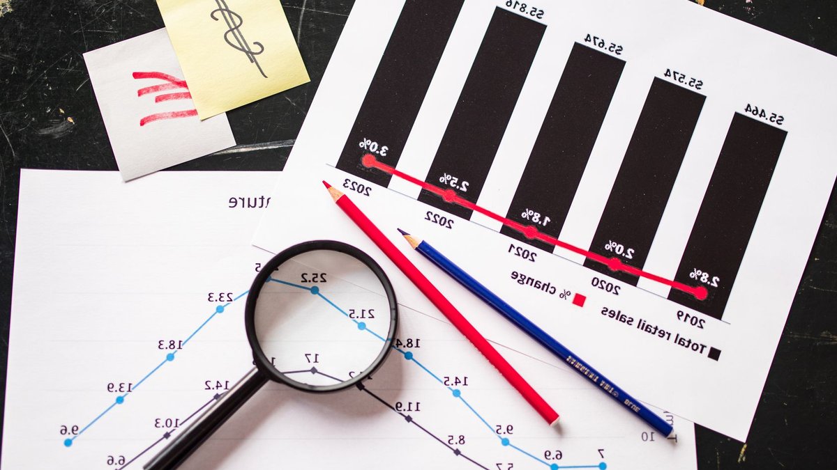 Charts and graphs highlighting retail sales growth, utilizing a magnifying glass for detail.