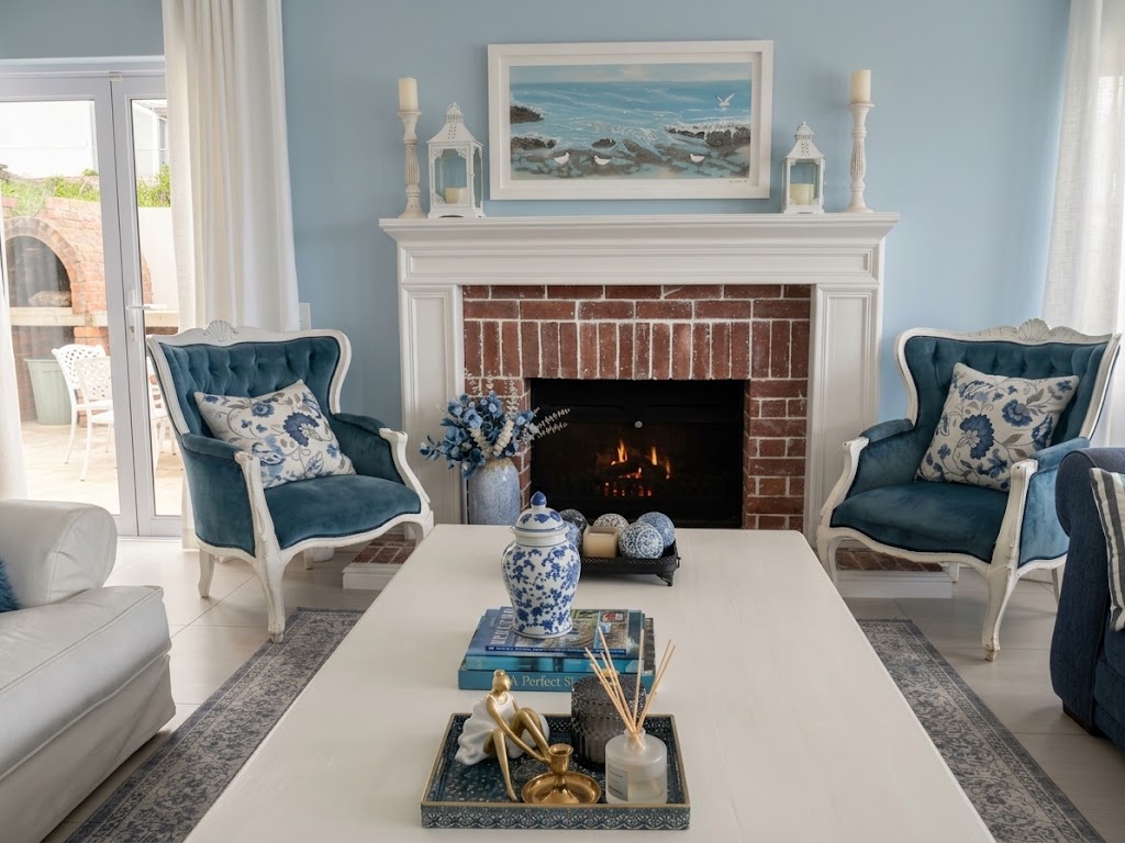 Blue armchairs arranged around the Grand Lounge fireplace