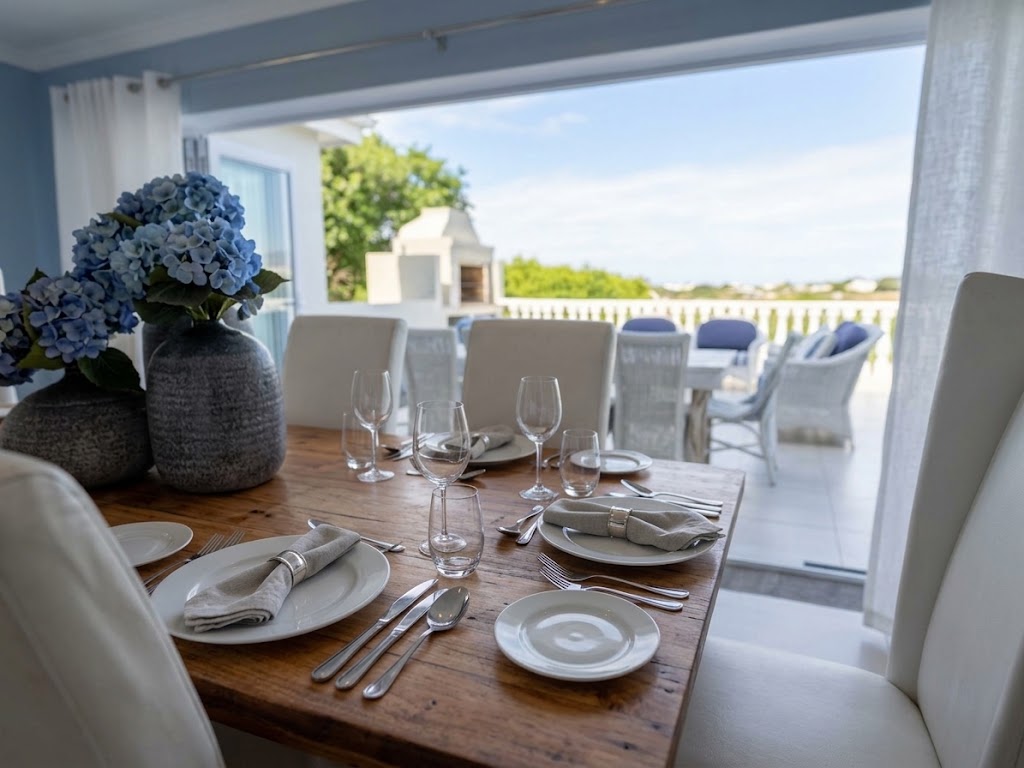 Dining table set with glassware beside the open terrace