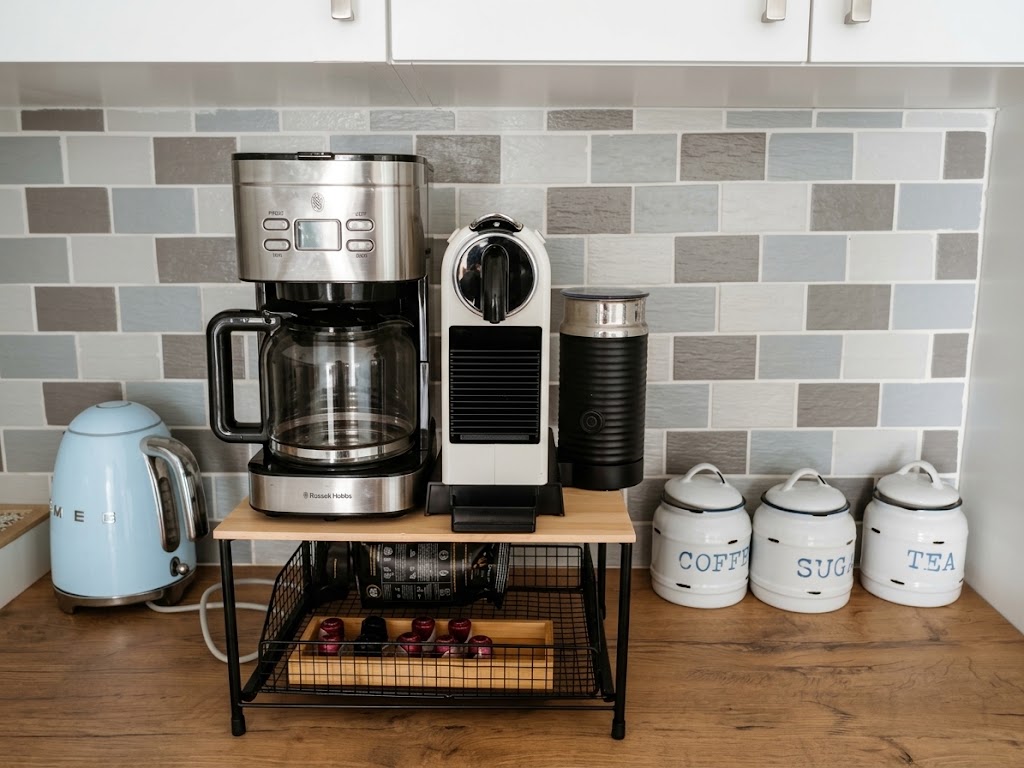 Coffee station and coordinated appliances in the Gourmet Kitchen