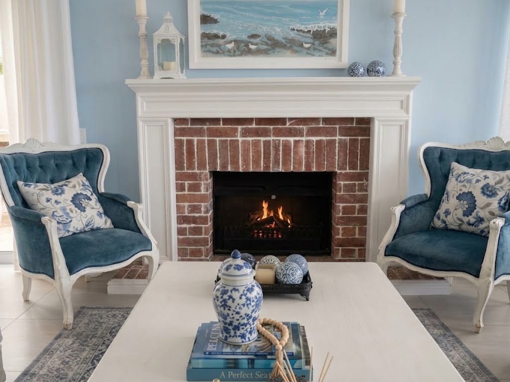 Grand Lounge fireplace framed by two blue accent chairs