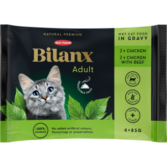 Kissanruoka Best Friend 4 x 85 g Bilanx Adult kana & nauta kastikkeessa