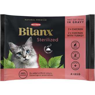 Kissanruoka Best Friend 4 x 85 g Bilanx Sterilized kana & kalkkuna kastikkeessa