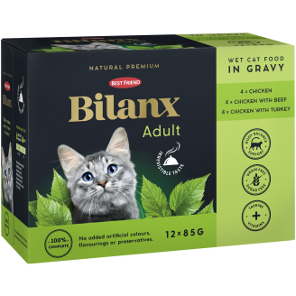 Kissanruoka Best Friend 12 x 85 g Bilanx Adult kana, nauta & kalkkuna kastikkeessa