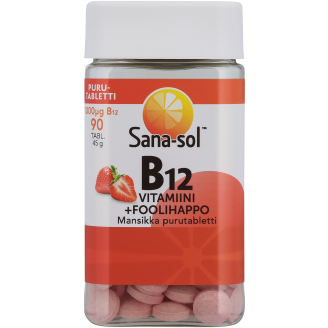 B12-vitamiini 1000µg +foolihappo Sana-sol 90 kpl mansikka purutabletti