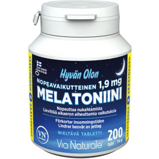 Melatoniini Via Naturale 1,9 mg 200 kpl nopeavaikutteinen