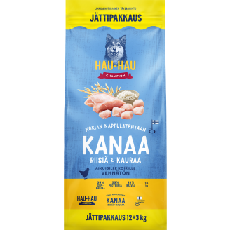 Koiranruoka Hau-Hau 12+3 kg Kanaa, riisiä ja kauraa