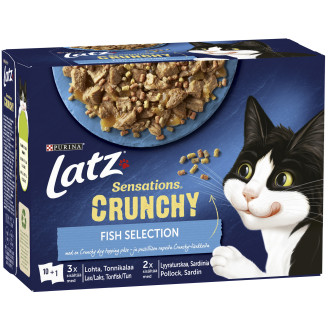 Kissanruoka Latz 10 x 85 g +40 g Sensations Crunchy Fish kalalajitelma hyytelössä