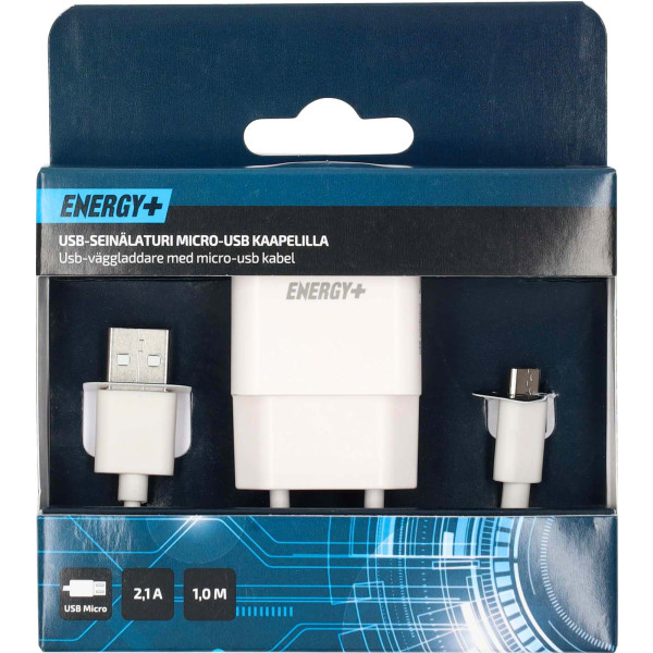USB-verkkolaturi Energy+ 2,1 A + Micro-USB kaapeli