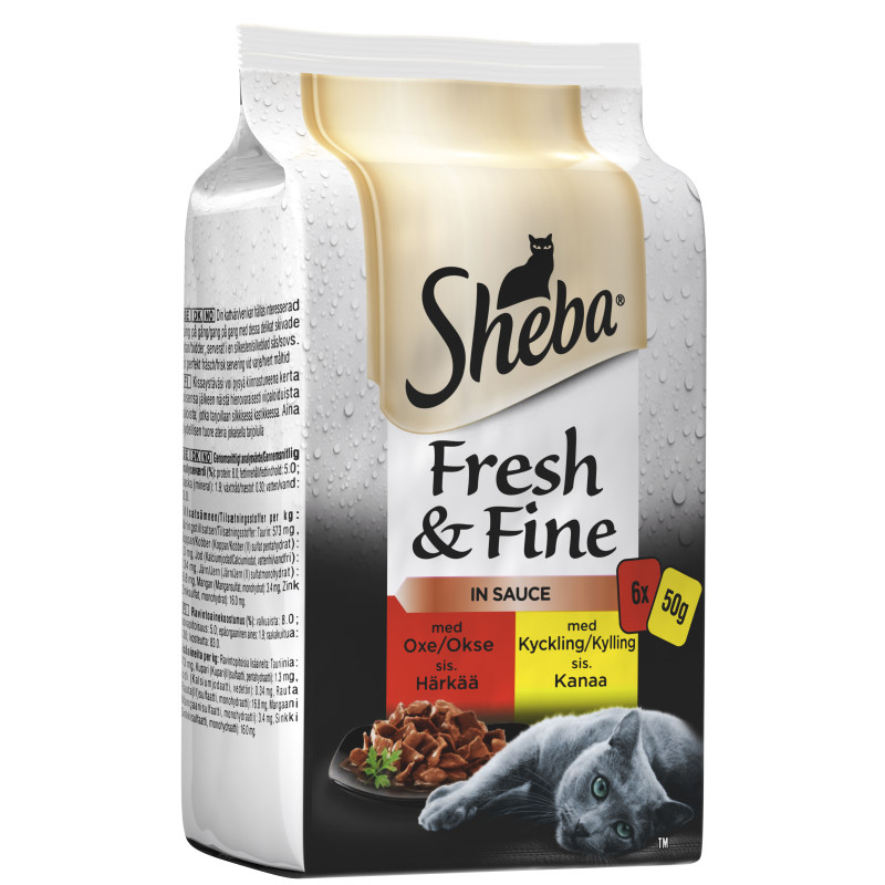 
Kissanruoka Sheba 6 x 50 g Fresh&Fine sekoitus härkää ja kanaa kastikkeessa  (4770608260545)
