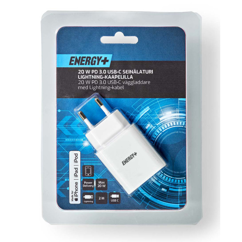 Seinälaturi Energy+ 20 W PD  USB-C + Lightning-kaapeli 