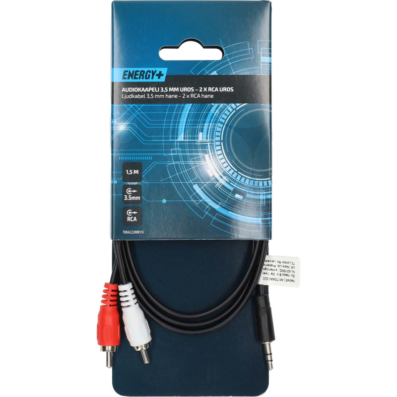 Audiokaapeli Energy+ 3.5 mm uros - 2 x RCA uros 1,5 m