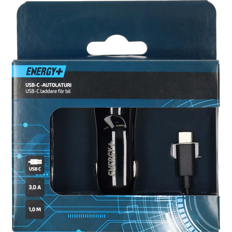 Autolaturi USB-C kaapelilla Energy+ 12-24 V, 3.0 A, 1 m