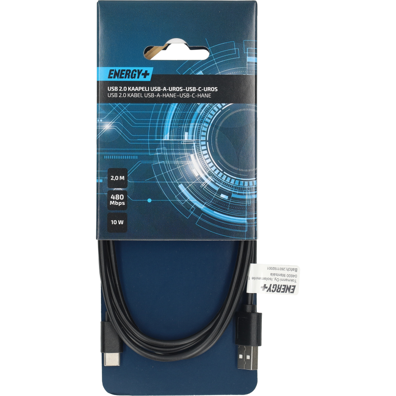 Data/latauskaapeli Energy+ 2.0 USB C uros - USB A uros, 2,0 m
