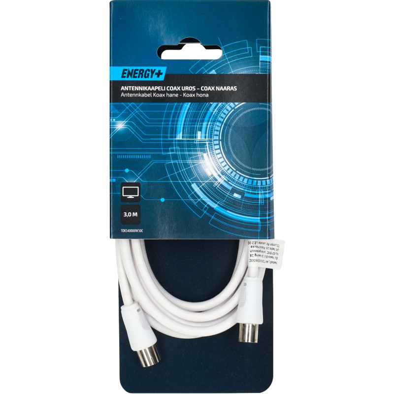 Antennikaapeli Energy+ Coax uros - Coax naaras 3 m, valkoinen