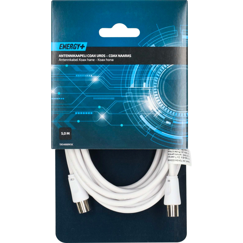 Antennikaapeli Energy+ Coax uros - Coax naaras 5 m, valkoinen