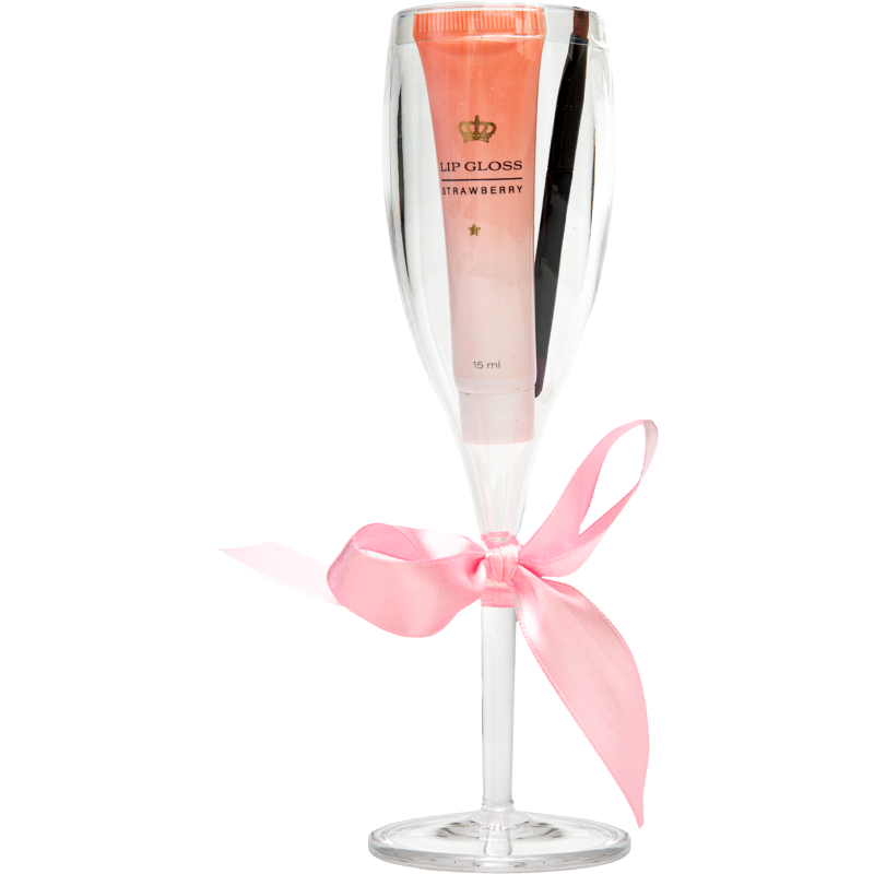 Lahjapakkaus huulikiilto+sivellin kuohuviinilasissa