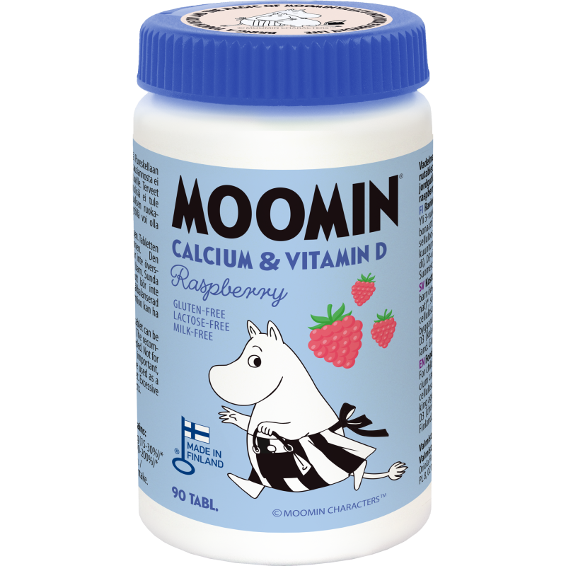 Kalsium + D-vitamiini Moomin 90 kpl Raspberry Xylitol