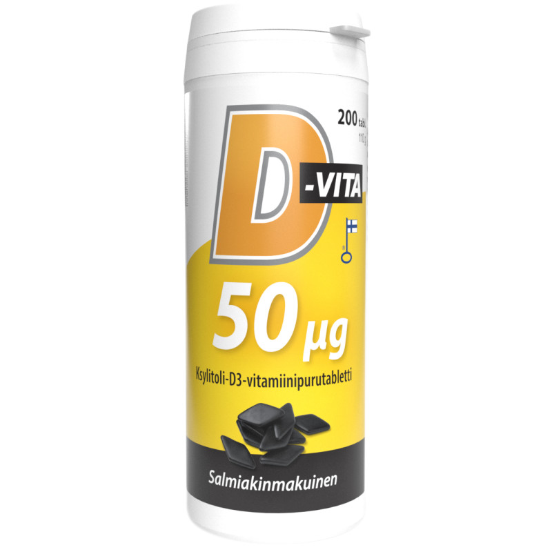 D-vita-purutabletti 50 µg 200 kpl salmiakinmakuinen