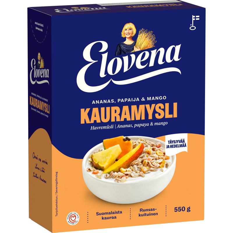 Täysjyväkauramysli Elovena 550 g ananas, papaija & mango