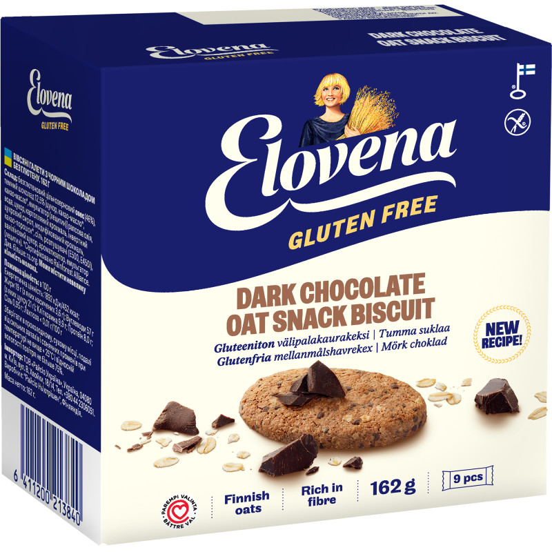 Välipalakeksi Elovena 9 x 18 g tumma suklaa gluteeniton