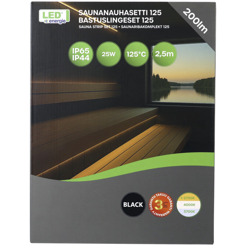 Saunanauhasetti Led Energie 125 2,5m 2700K 10W/m IP65 musta 160lm