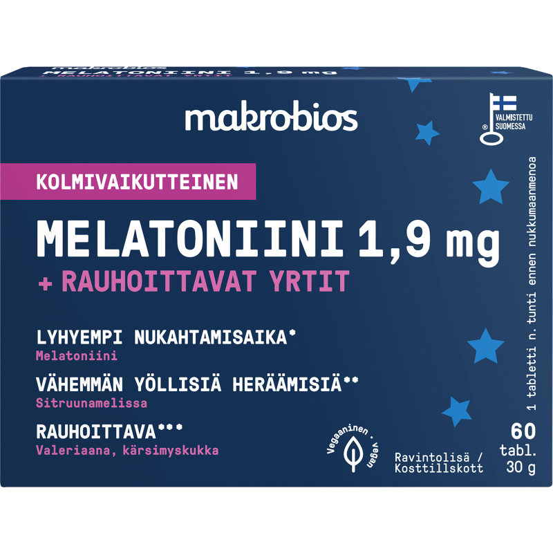 Melatoniini 1,9 mg Makrobios 60 kpl 30 g +rauhoittavat yrtit